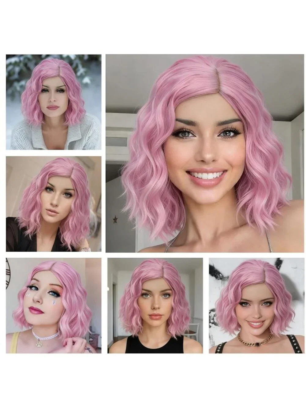 Women's 14 Inch Pink Wavy Bob Wig Short Curly Synthetic Heat Resistant